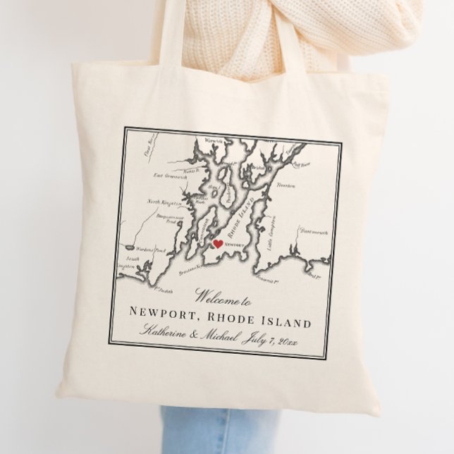 Välkommen till Newport Rhode island Black White Br Tygkasse (Newport RI Map Wedding Welcome Bag Tote Bag Wedding Favor in Elegant Black and White )
