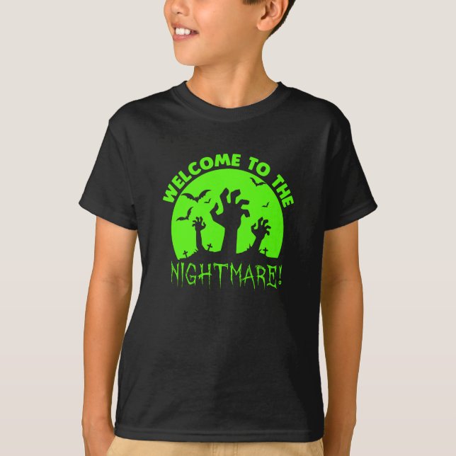 Välkommen till Nightmare Grönt Halloween T Shirt (Framsida)