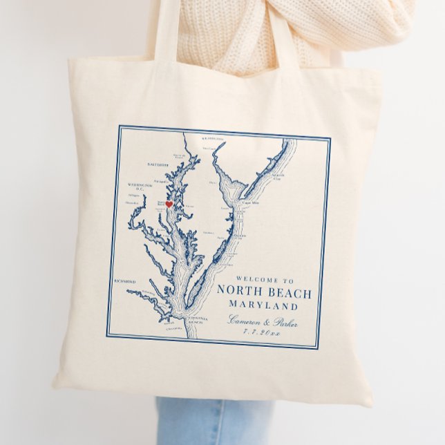 Välkommen till North Beach Maryland Elegant bröllo Tygkasse (Welcome To North Beach Maryland Wedding Tote Bag in elegant navy blue from Coastal Map Designs)
