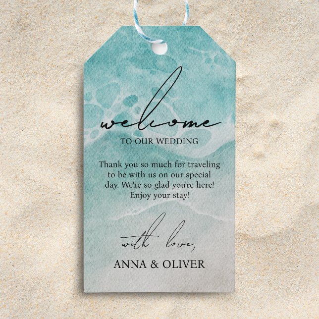 Välkommen till Ocean Beach Watercolor Bröllop Presentetikett (Wedding Welcome Bag Gift)
