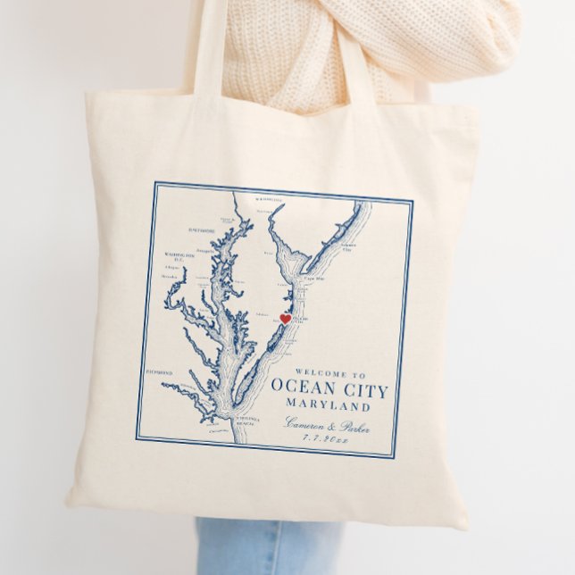 Välkommen till Ocean City Maryland Elegant Navy Br Tygkasse (Ocean City MD Wedding Guest Welcome Bag in elegant navy blue from Coastal Map Designs)