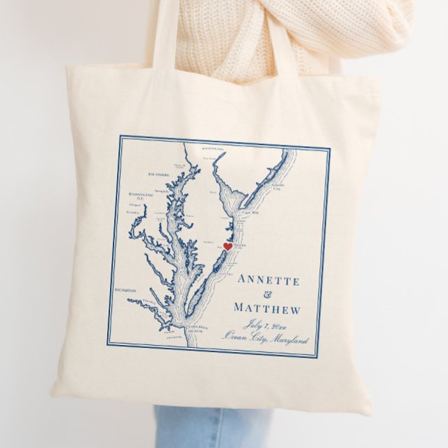Välkommen till Ocean City Maryland Elegant Navy Br Tygkasse (Ocean City Maryland Wedding Favor Welcome Tote Bag in elegant navy blue from Coastal Map Designs)