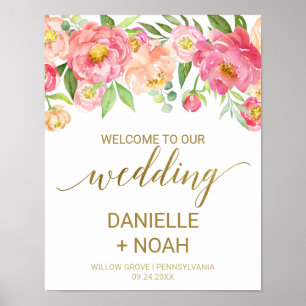 Välkommen till Peach och Rosa Peony Flowers Bröllo Poster
