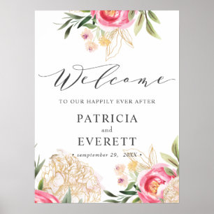 Välkommen till Peony guld blommor Boho Bröllop Poster