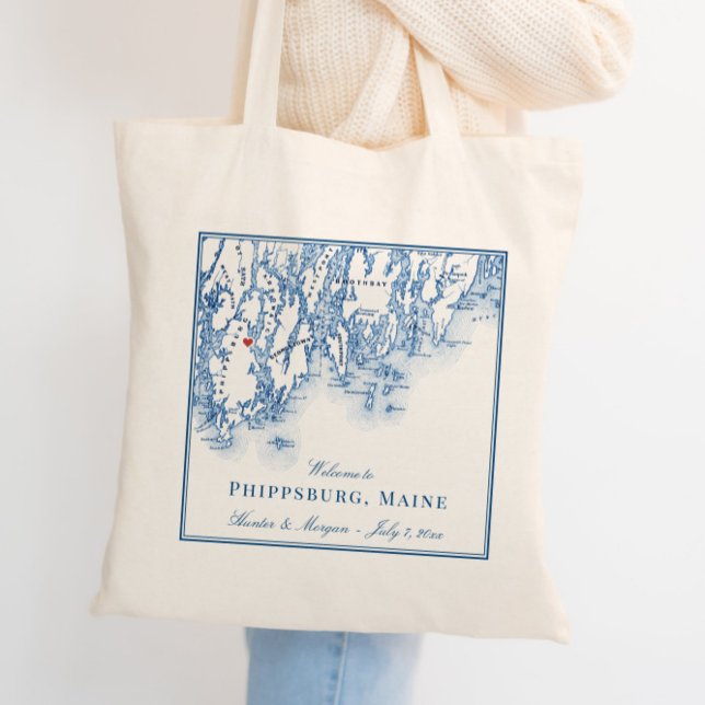 Välkommen till Phippsburg Maine Karta Elegant bröl Tygkasse (These Phippsburg Maine Map wedding welcome tote bags are perfect for your 1774 Inn wedding)