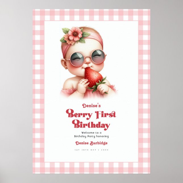 Välkommen till Pink Gingham Jordgubb 1-årsdag Poster (Framsidan)