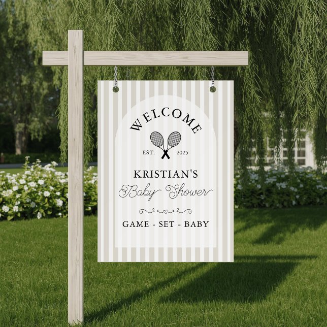 Välkommen till Preppy Beige Tennis Baby Shower Poster (elegant beige and white striped tennis theme baby shower welcome sign with arch and modern motif)