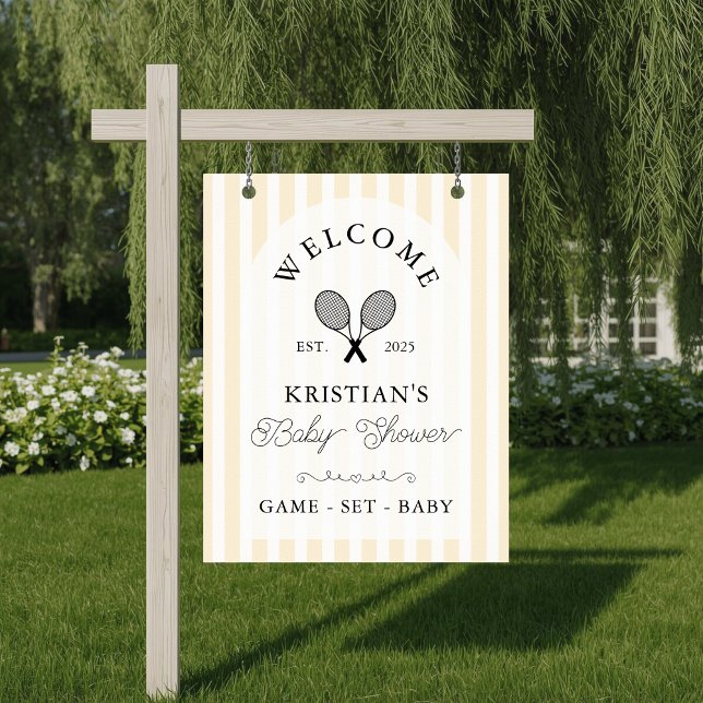Välkommen till Preppy Gult Tennis Baby Shower Poster (elegant yellow striped baby shower welcome sign for tennis theme preppy chic event with arch design)