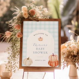 Välkommen till Pumpkin Blue Gingham Baby Shower Poster