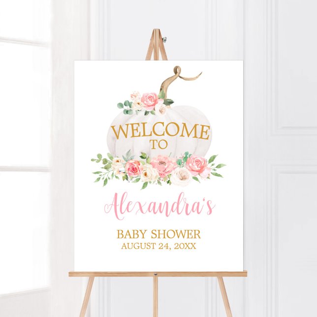 Välkommen till Pumpkin Rosa Blommigt Baby Shower Poster (Girl Fall A Little Pumpkin Baby Shower Welcome Sign)