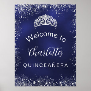 Välkommen till Quinceanera-marinblått silver glitt Poster