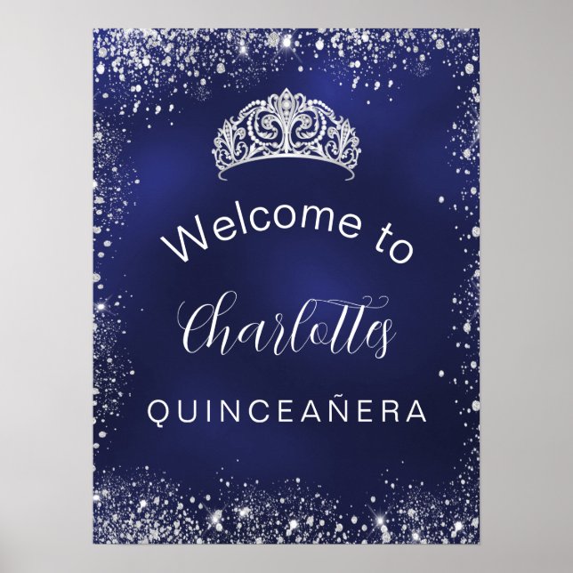 Välkommen till Quinceanera-marinblått silver glitt Poster (Framsidan)