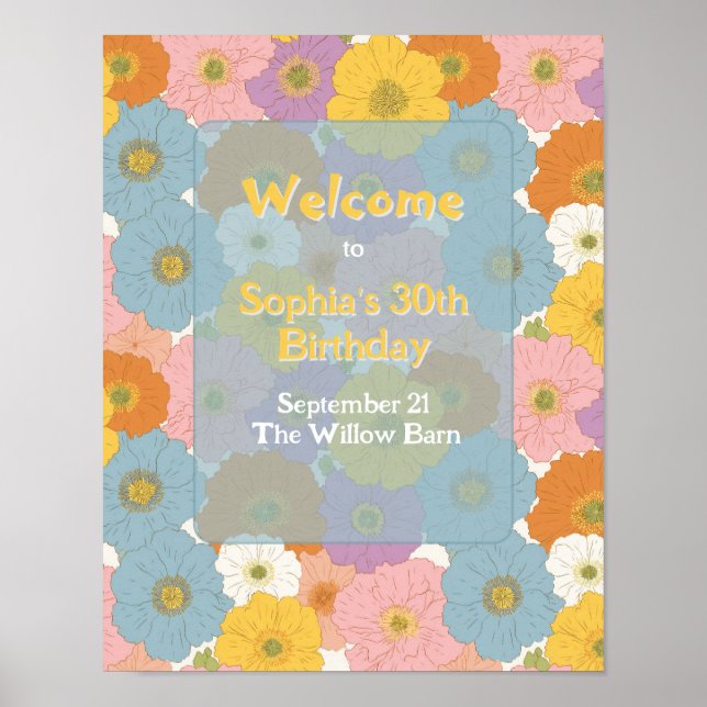 Välkommen till Retro Hippie Blommigt Birthday Poster (Framsidan)