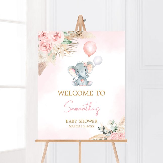 Välkommen till rosa Balloon Elephant Baby Shower Poster (Pink Floral Pampas Grass Elephant Baby Shower Welcome Sign)