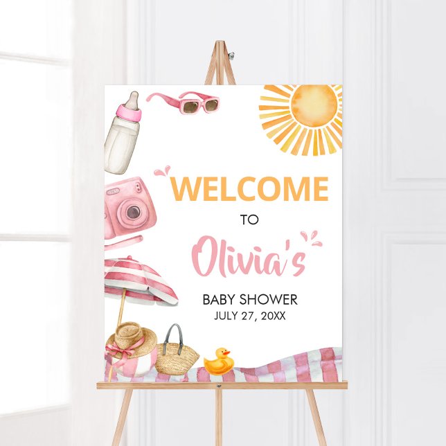 Välkommen till rosa Beach Summer Baby Shower Poster (Splish Splash Baby Shower Welcome Sign)