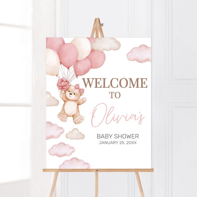 Välkommen till rosa Bear Balloon Barly Wait Baby S Poster (Pink Baby Bear Balloon Baby Shower Welcome Sign)