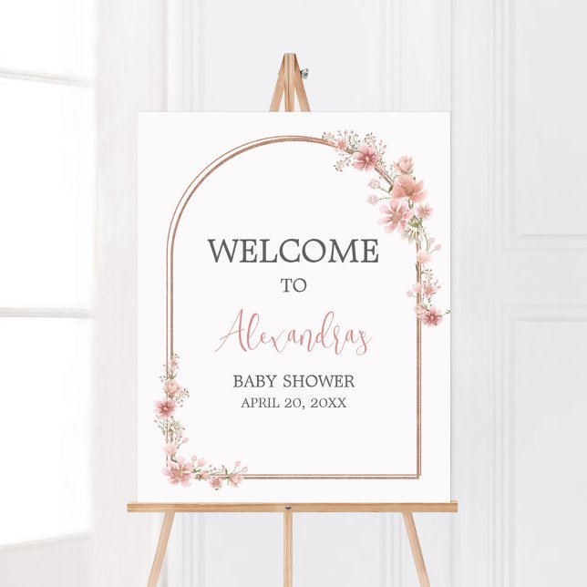 Välkommen till  Rosa Blommigt Arch Baby Shower Poster (Pink Flowers Arch Baby Shower Welcome Sign)