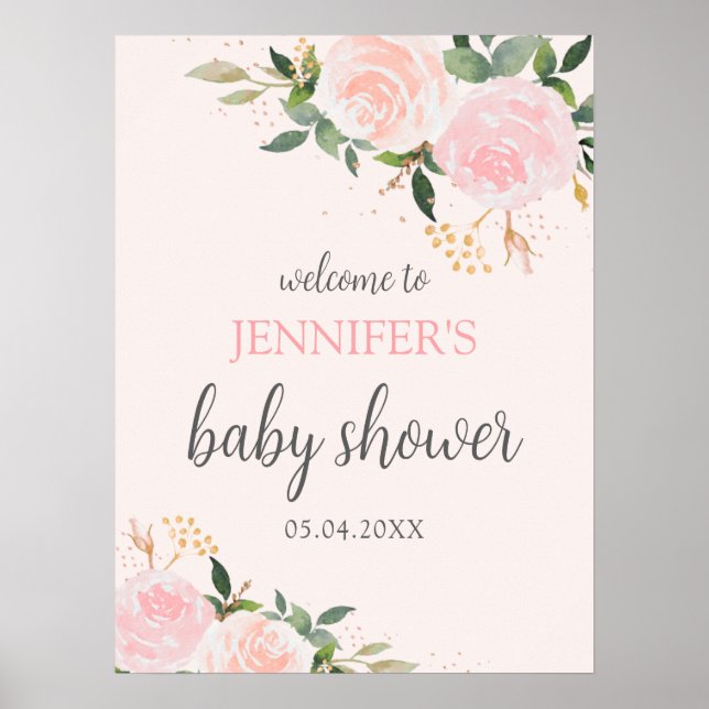 Välkommen till rosa Blommigt Baby Shower Poster (Framsidan)