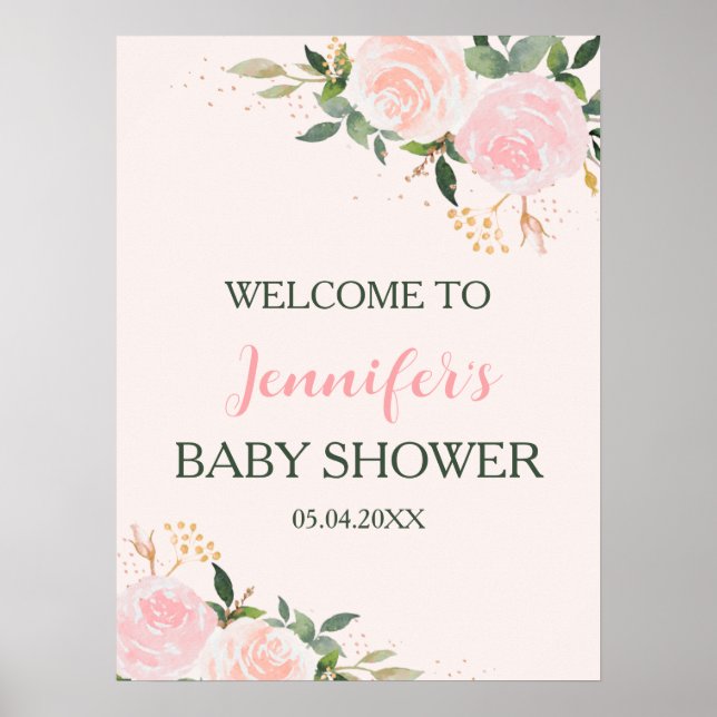 Välkommen till rosa Blommigt Baby Shower Poster (Framsidan)