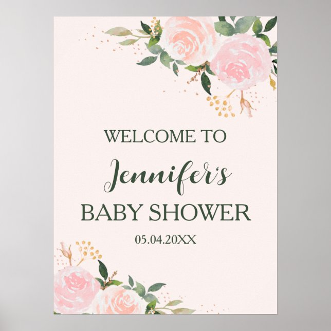 Välkommen till rosa Blommigt Baby Shower Poster (Framsidan)