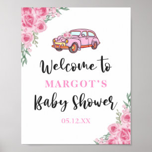Välkommen till rosa Blommigt bil med babyskor Ro Poster
