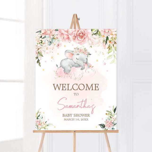 Välkommen till rosa Blommigt Elephant Baby Shower Poster (Pink Floral Sleeping Elephant Baby Shower Welcome Sign)