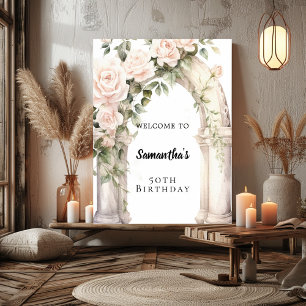 Välkommen till rosa blommigt ro födelsedag poster