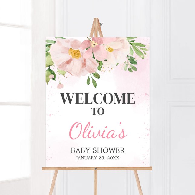 Välkommen till  Rosa Blommigt Vår Baby Shower Välk Poster (Blush Pink Spring Floral Baby Shower Welcome Sign)