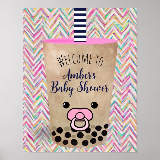 Välkommen till Rosa Boba Tea Inspired Baby Shower Poster (Framsidan)