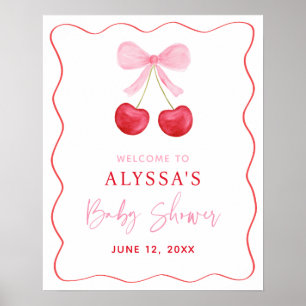Välkommen till rosa Bow Cherry Baby Shower Poster