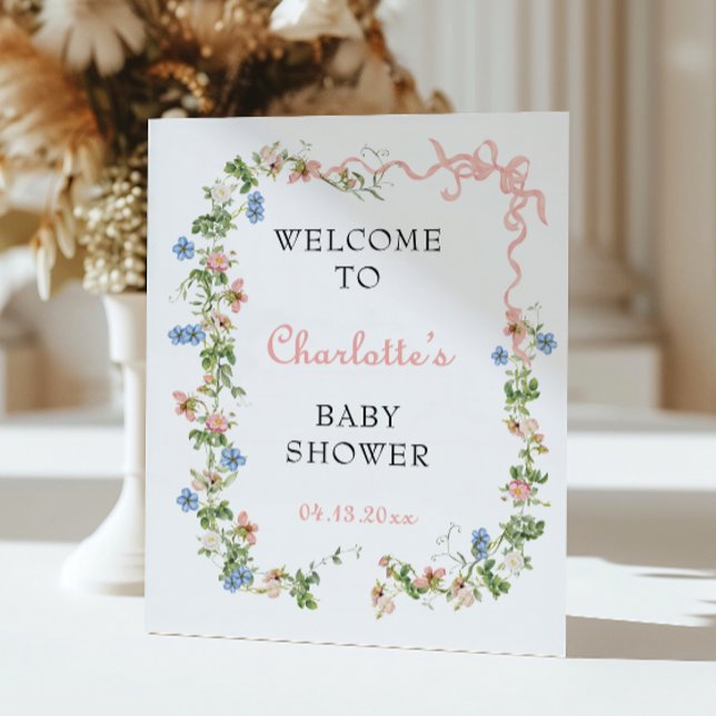 Välkommen till rosa Bow WildblomBaby Shower Poster (Skapare uppladdad)