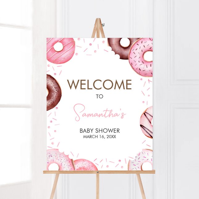 Välkommen till rosa Donuts and Diaper Baby Shower Poster (Pink Sweet Sprinkle Baby Shower Welcome Sign)