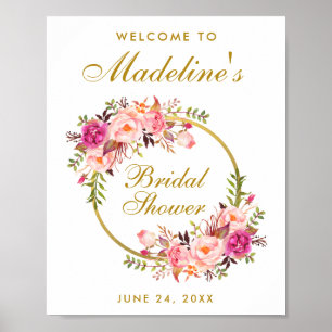 Välkommen till rosa Guld Blommigt Möhippa om utand Poster