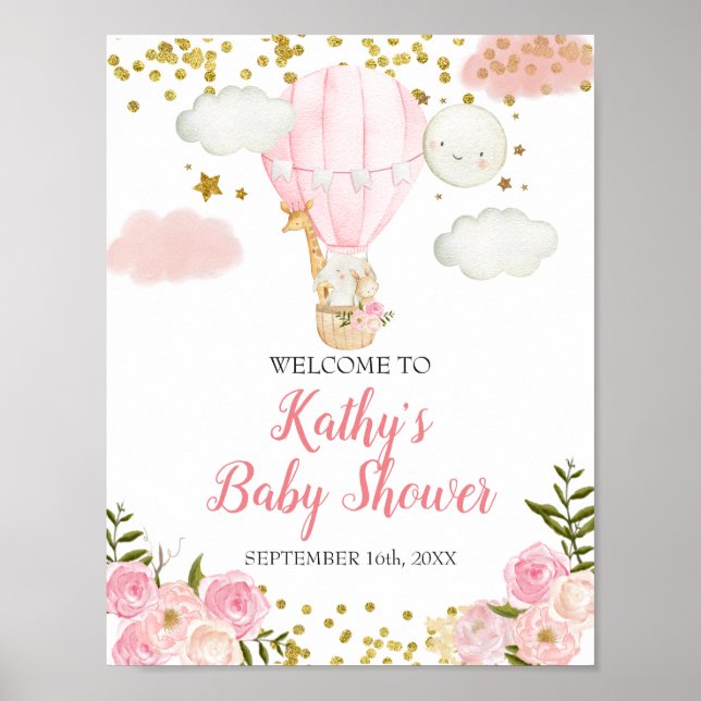 Välkommen till rosa Luftballong Jungle Baby Shower Poster (Framsidan)