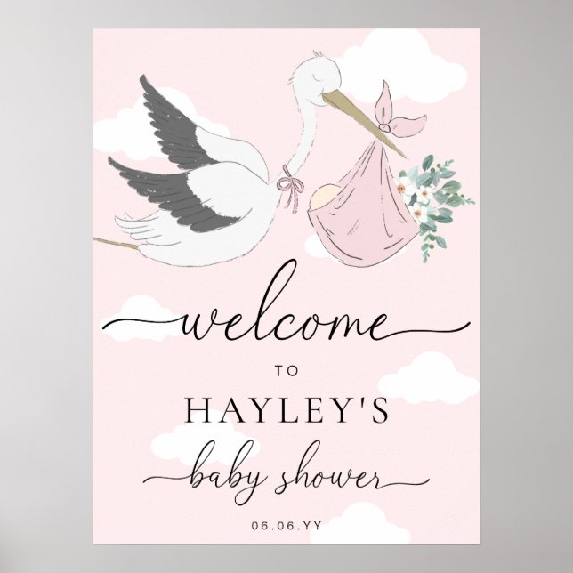 Välkommen till rosa Stork Baby Shower Poster (Framsidan)