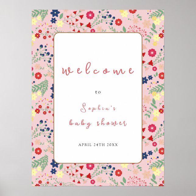Välkommen till rosa Wildblomme Ram Baby Shower Poster (Framsidan)