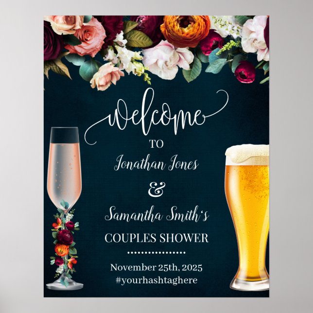 Välkommen till Rose & Brews Wine Navy Bröllopsskyl Poster (Framsidan)