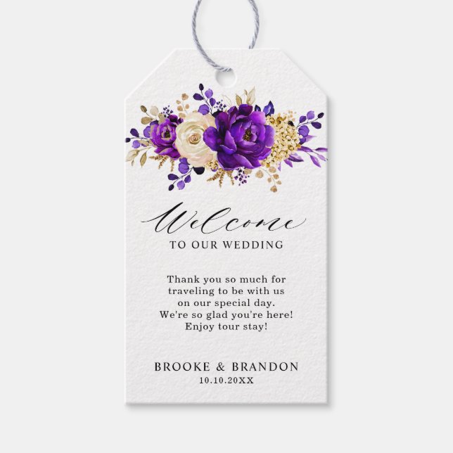 Välkommen till royal Lila Violet Guld Blommigt Brö Presentetikett (Framsidan)