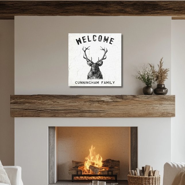 Välkommen till Rustic Black White Hjort Canvastryck (Rustic Black White Deer Monogram Canvas Print)