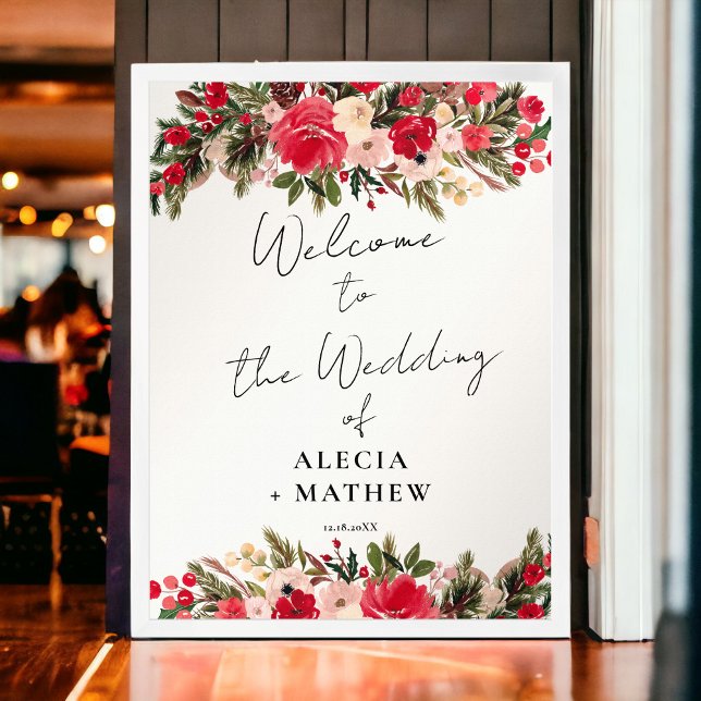 Välkommen till Rustic Red grönt Blommigt Winter We Poster (Rustic Red green Floral Winter Wedding Welcome Poster)