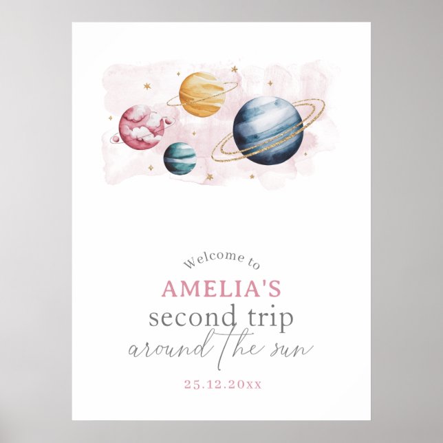 Välkommen till rymden Girl Birthday Galaxy Planets Poster (Framsidan)