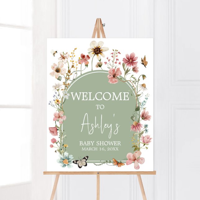 Välkommen till Sage Grönt Baby Bloom Baby Shower Poster (Gender Neutral Wildflower Baby Shower Welcome Sign)