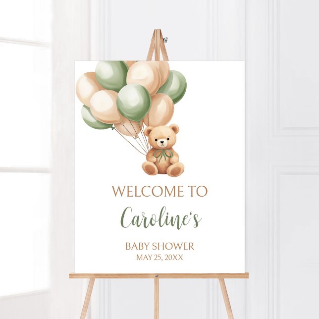 Välkommen till Sage Grönt Bear Balloon Baby Shower Poster (Green Boho Bear Baby Shower Welcome Sign)