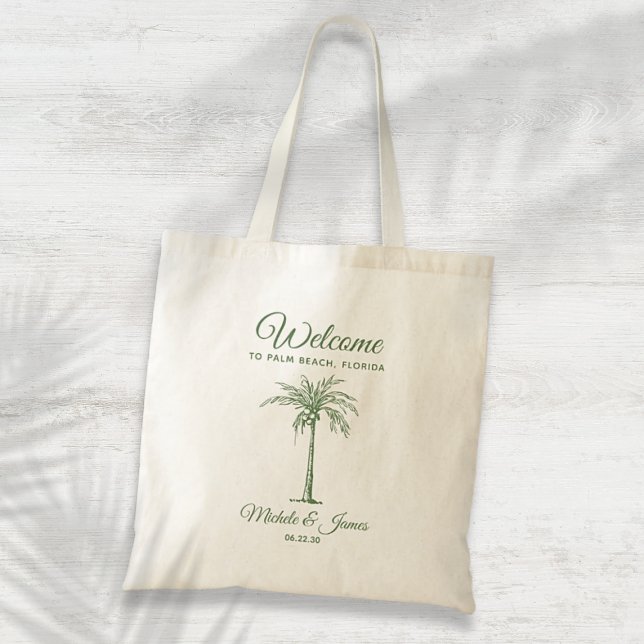 Välkommen till Sage Grönt Tropical Handflatan Träd Tygkasse (Sage Green Tropical Palm Tree Wedding Welcome Tote Bag)