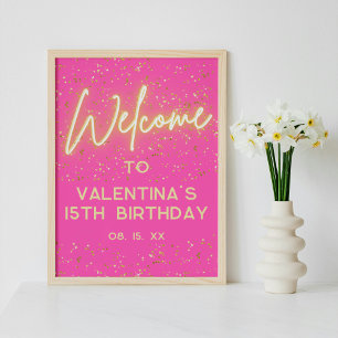 Välkommen till shock rosa Neon Glow Guld Glitter P Poster