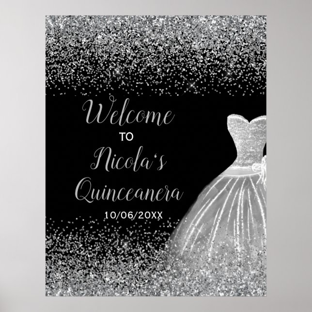 Välkommen till silver Dress Faux Glitter Quinceane Poster (Framsidan)