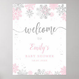 Välkommen till snöflingor Rosa Silver Baby Shower Poster