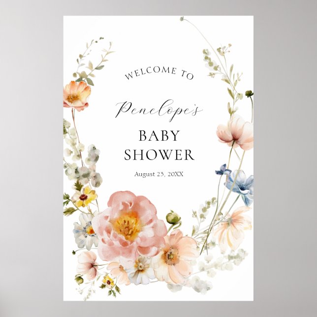 Välkommen till Soft Rosa Blommigt Baby Shower Poster (Framsidan)