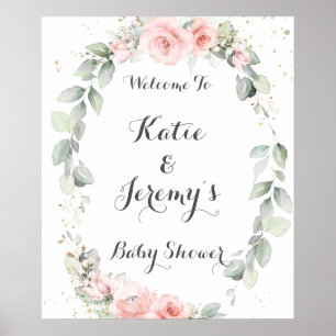 Välkommen till Soft Rosa Blommigt Greenery Baby Sh Poster