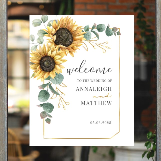 Välkommen till Solros Eucalyptus Geometric Bröllop Poster (Sunflower Eucalyptus Floral Welcome Wedding Poster)